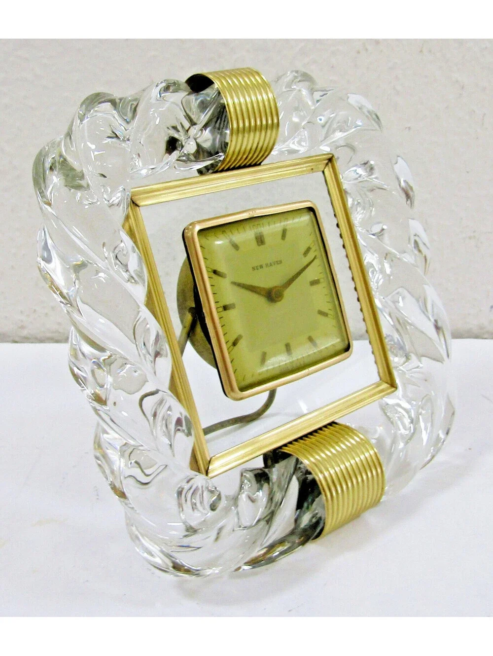 1940s New Haven Venini Twisted Glass  and Brass Desk Clock